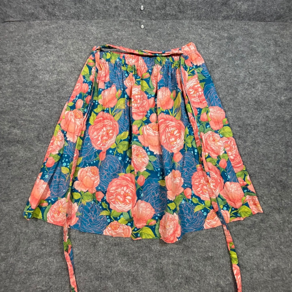 Floral Rose Print Midi Skirt Teal Pink Elastic Waist Tie Pockets A-Line Medium